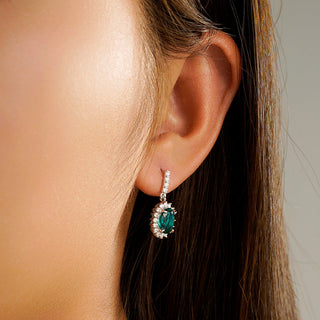 Oval Emerald & Moissanite Drop Earrings With Pavé Halo