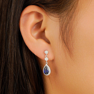 Pear Blue Sapphire & Moissanite Drop Earrings With Pavé Halo
