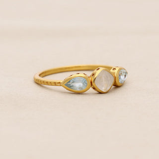 NATURAL MOON STONE AND SWISS BLUE TOPAZ RING, SQUARE SHAPE GEMSTONE, 925 SILVER 18KT GOLD PLATED