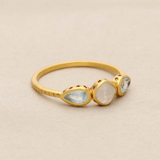 NATURAL MOON STONE AND SWISS BLUE TOPAZ RING, SQUARE SHAPE GEMSTONE, 925 SILVER 18KT GOLD PLATED
