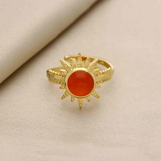 SUN SHAPE 925 STEALING SILVER RING, DECORATED WITH ORANGE ONYX GEMSTONE, PLATED WITH 2 MICRON 18KT GOLD