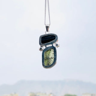 Genuine Moldavite & Black Tourmaline Rough Pendant,  925 Sterling Silver Handmade Pendant, Moldavite Gemstone Pendant, Gift For Women's