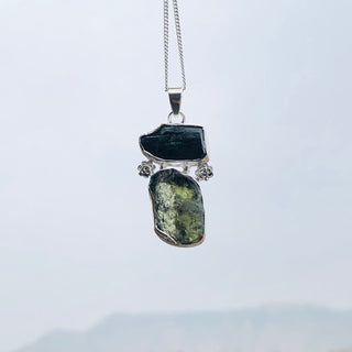Genuine Moldavite & Black Tourmaline Rough Pendant,  925 Sterling Silver Handmade Pendant, Moldavite Gemstone Pendant, Gift For Women's