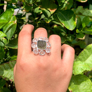 Czech Republic Moldavite Ring , Herkimer Diamond Ring, Natural Gemstone 925 Solid Sterling Silver Handmade Jewelry Ring, Gift For Her