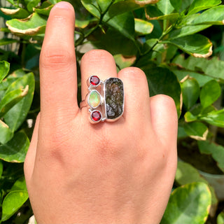 Natural Raw Moldavite, Ethiopian Opal Garnet Gemstone Ring 925 Solid Sterling Silver Handmade Jewelry Ring Gift For Mother