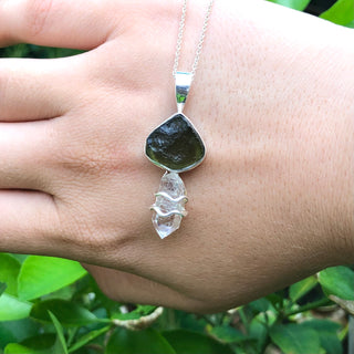 Genuine Moldavite & Herkimer Rough Pendant,  925 Sterling Silver Handmade Pendant, Moldavite Gemstone Pendant, Gift For Women's