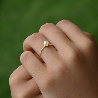 14k Gold Pearl Engagement Ring with Tiny Diamonds, Solid Gold Freshwater Pearl Ring, Dainty Minimalist Promise Rings, Handmade Stacking Ring