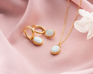 handmade jewelry, opal set, opal necklace, opal jewelry, minimalist, necklaces for her, opal, gift for her, opal earrings, hoop earrings