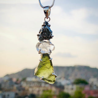 100% genuine Moldavite, herkimer and Meteorite pendant 925 Sterling Silver Handmade Women Jewelry