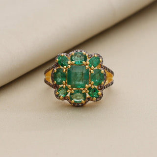 Natural Emerald With Pave Polki Diamond Ring For Womens By Harshita Jewellery