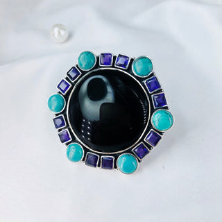 Natural Black Onyx, Turquoise & Blue Sapphire Gemstone Ring By Harshita Jewellery