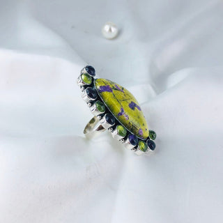 Atlantisite Stichtite Ring, Natural Stichtite, Amethyst & Prehnite Gemstone Ring By Harshita Jewellery
