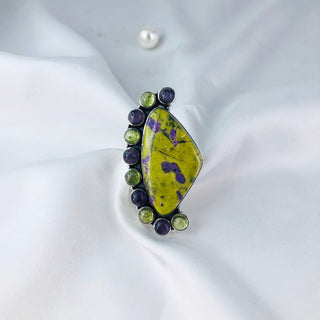 Atlantisite Stichtite Ring, Natural Stichtite, Amethyst & Prehnite Gemstone Ring By Harshita Jewellery