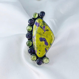 Atlantisite Stichtite Ring, Natural Stichtite, Amethyst & Prehnite Gemstone Ring By Harshita Jewellery
