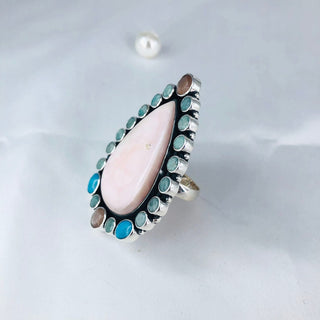 Natural Pink Opal, Amazonite, Peach Moonstone & Turquoise Ring By Harshita Jewellery