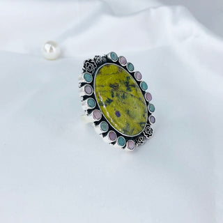 Pink Opal, Amazonite & Atlantisite Stichtite Ring By Harshita Jewellery