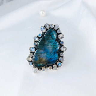 Natural Labradorite & Rainbow Moonstone Gemstone Ring By Harshita Jewellery