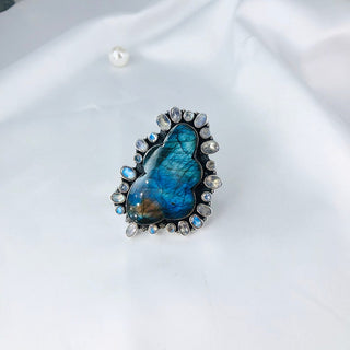 Natural Labradorite & Rainbow Moonstone Gemstone Ring By Harshita Jewellery