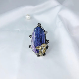 Charoite & Citrine Gemstone Ring By Harshita Jewellery