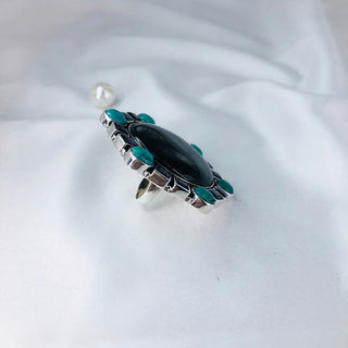 Natural Black Onyx, Turquoise & Blue Sapphire Gemstone Ring By Harshita Jewellery