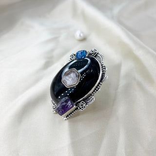 Natural Black Onyx, Rose Quartz, Amethyst & Apatite Gemstone Ring By Harshita Jewellery