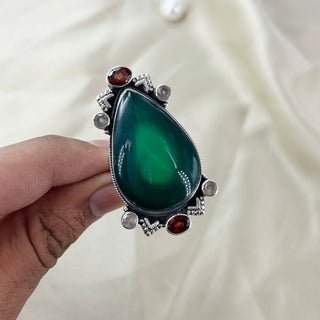 Natural Green Onyx, Garnet & Rose Quartz Ring By Harshita Jewellery