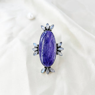 Rainbow Moonstone & Charoite Ring By Harshita Jewellery