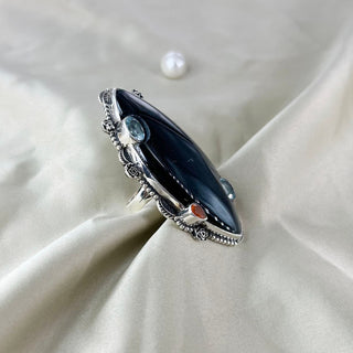 Natural Black Onyx, Carnelian & Blue Topaz Ring By Harshita Jewellery