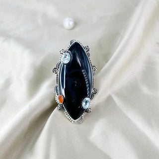 Natural Black Onyx, Carnelian & Blue Topaz Ring By Harshita Jewellery