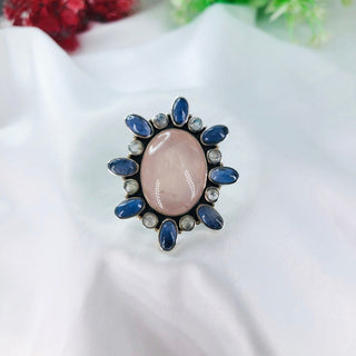 Natural Rose Quartz, Amethyst & Rainbow Moonstone Ring By Harshita Jewellery