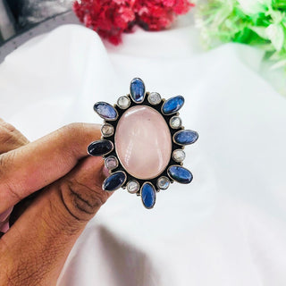 Natural Rose Quartz, Amethyst & Rainbow Moonstone Ring By Harshita Jewellery