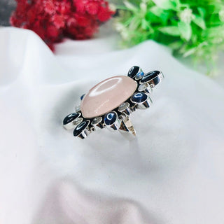 Natural Rose Quartz, Amethyst & Rainbow Moonstone Ring By Harshita Jewellery