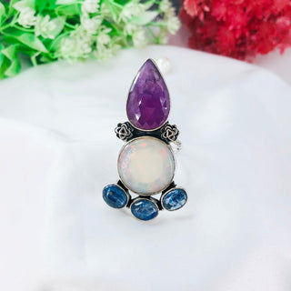 Pink ruby, Opal & Kyanite gemstone ring By Harshita Jewellery