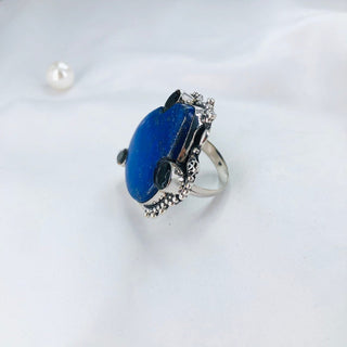 Natural Lapis Lazuli & Smokey Topaz Gemstone Ring By Harshita Jewellery