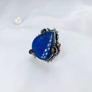 Natural Lapis Lazuli & Smokey Topaz Gemstone Ring By Harshita Jewellery