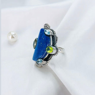 Natural Lapis lazuli, Blue Topaz, Citrine & Peridot Ring By Harshita Jewellery