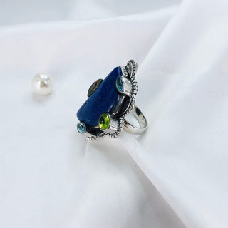 Natural Lapis lazuli, Blue Topaz, Citrine & Peridot Ring By Harshita Jewellery