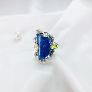 Natural Lapis lazuli, Blue Topaz, Citrine & Peridot Ring By Harshita Jewellery