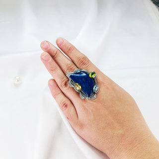 Natural Lapis lazuli, Blue Topaz, Citrine & Peridot Ring By Harshita Jewellery