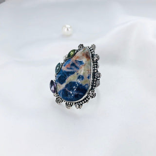Natural Sodalite, Blue Topaz, Peridot And Faceted Amethyst Ring By Harshita Jewellery
