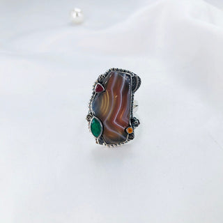 Natural Botswana Agate, Garnet, Citrine, Green Onyx Ring By Harshita Jewellery