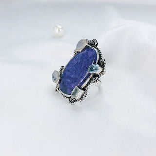 Natural Charoite, Blue Topaz & Rainbow Moonstone Ring By Harshita Jewellery