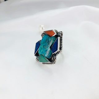 Natural Chrysocolla, Green onyx, Carnelian & lapis lazuli Ring By Harshita Jewellery