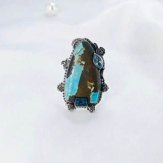 Natural Turquoise, Apatite & Blue Topaz Ring By Harshita Jewellery