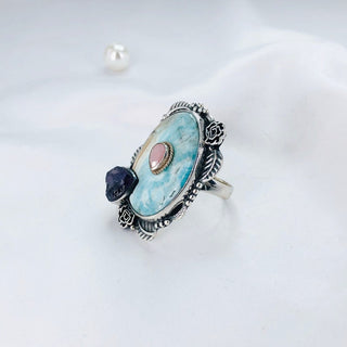 Natural Larimar, Pink Opal, Amethyst Ring By Harshita Jewellery