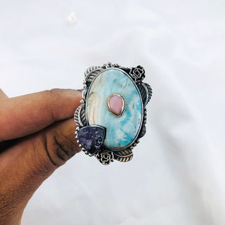Natural Larimar, Pink Opal, Amethyst Ring By Harshita Jewellery