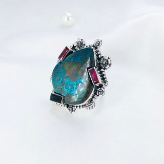 Natural Chrysocolla, Black Onyx & Ruby Ring By Harshita Jewellery