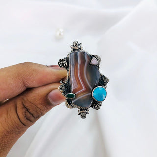 Natural Botswana Agate, Pink opal, Green onyx & Turquoise Ring By Harshita Jewellery