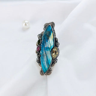 Natural Labradorite, Ruby, Peridot, Smokey Topaz & Citrine Ring By Harshita Jewellery