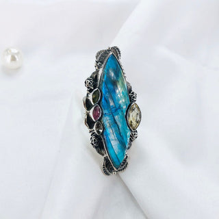 Natural Labradorite, Ruby, Peridot, Smokey Topaz & Citrine Ring By Harshita Jewellery